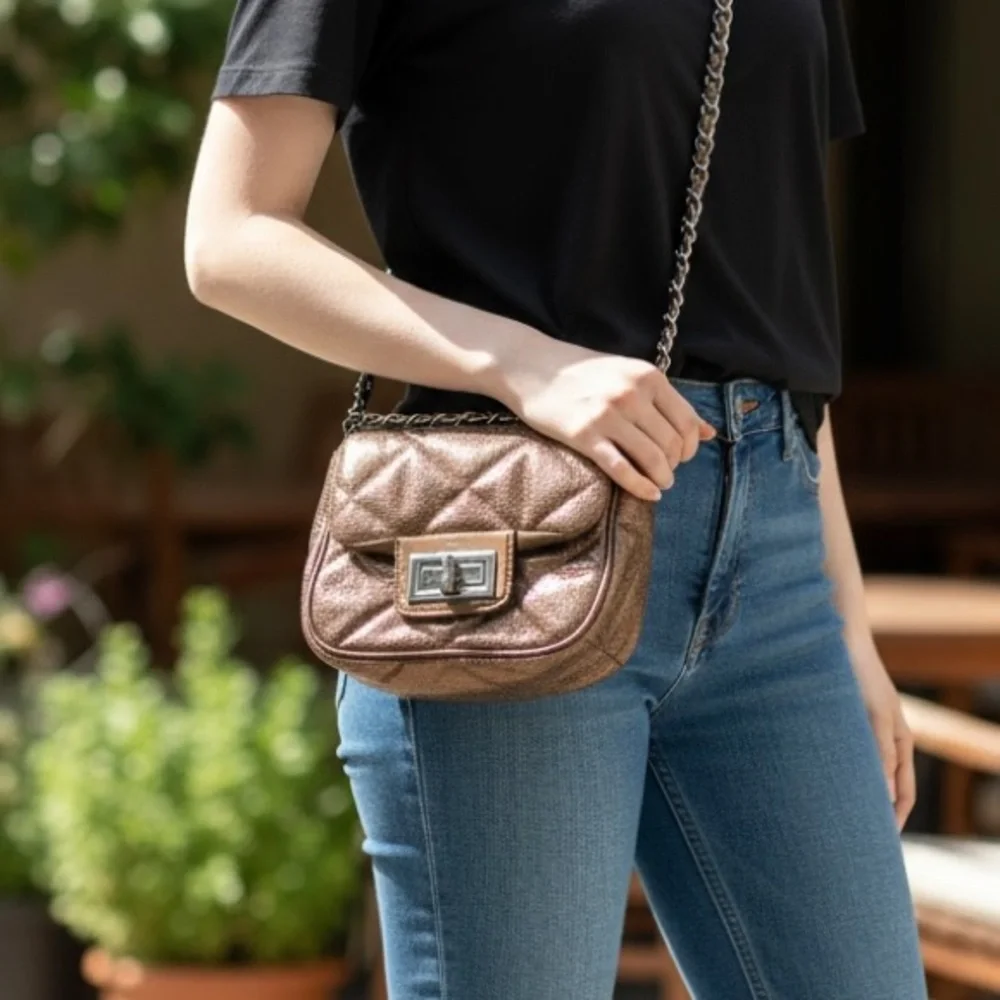 BCBGeneration Bronze Quilted Crossbody With Chain Woven Strap